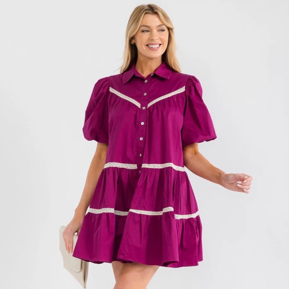 075 • Crochet Trapeze Dress | Cotton Baby Doll Puff Sleeve Tiered Magenta Dress